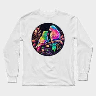 Trippy Neon Parrots Sitting on Branch Cartoon Long Sleeve T-Shirt